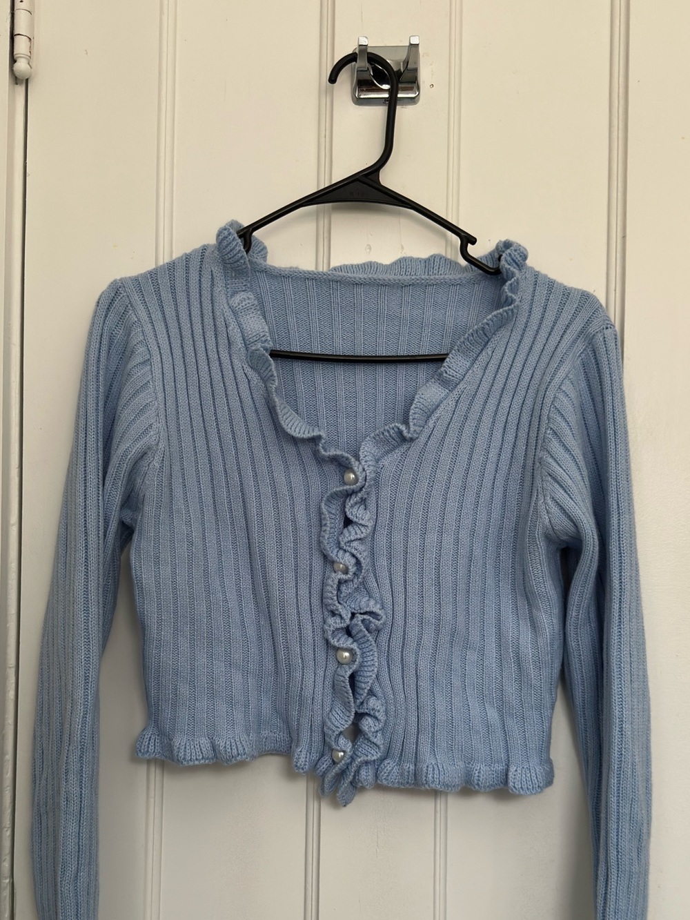 SHEIN Light Blue Ruffled Ribbed Cardigan